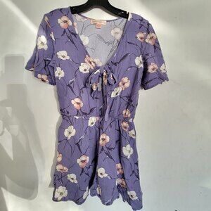Band of Gypsies Floral Indigo Blue Tie Front Flutter Short Sleeve Romper Small